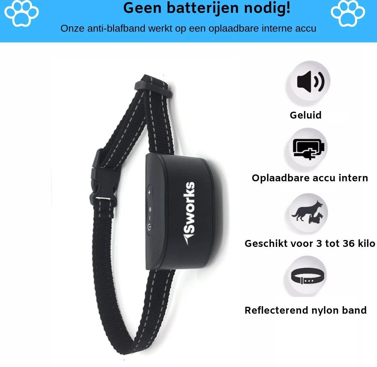 Sworks – Anti Blafband- Honden- Opvoedingshalsband - Geen Elektrische Schok - Geluid En Trilling 4 Sworks – Anti Blafband- Honden- Opvoedingshalsband - Geen Elektrische Schok - Geluid En Trilling - Afbeelding 4
