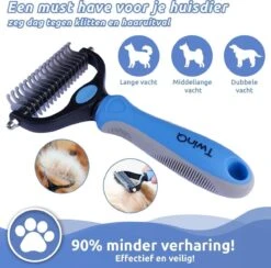 TwinQ Vachtverzorgingsset Hond/kat - Professionele 2-zijdige Ondervacht Kam - Klittenkam Voor Honden En Katten - Verwijderd Klitten En Voorkomt Haaruitval - Incl. Vlooienkam En Tandenborstel -Honden Huis Winkel 1200x1184