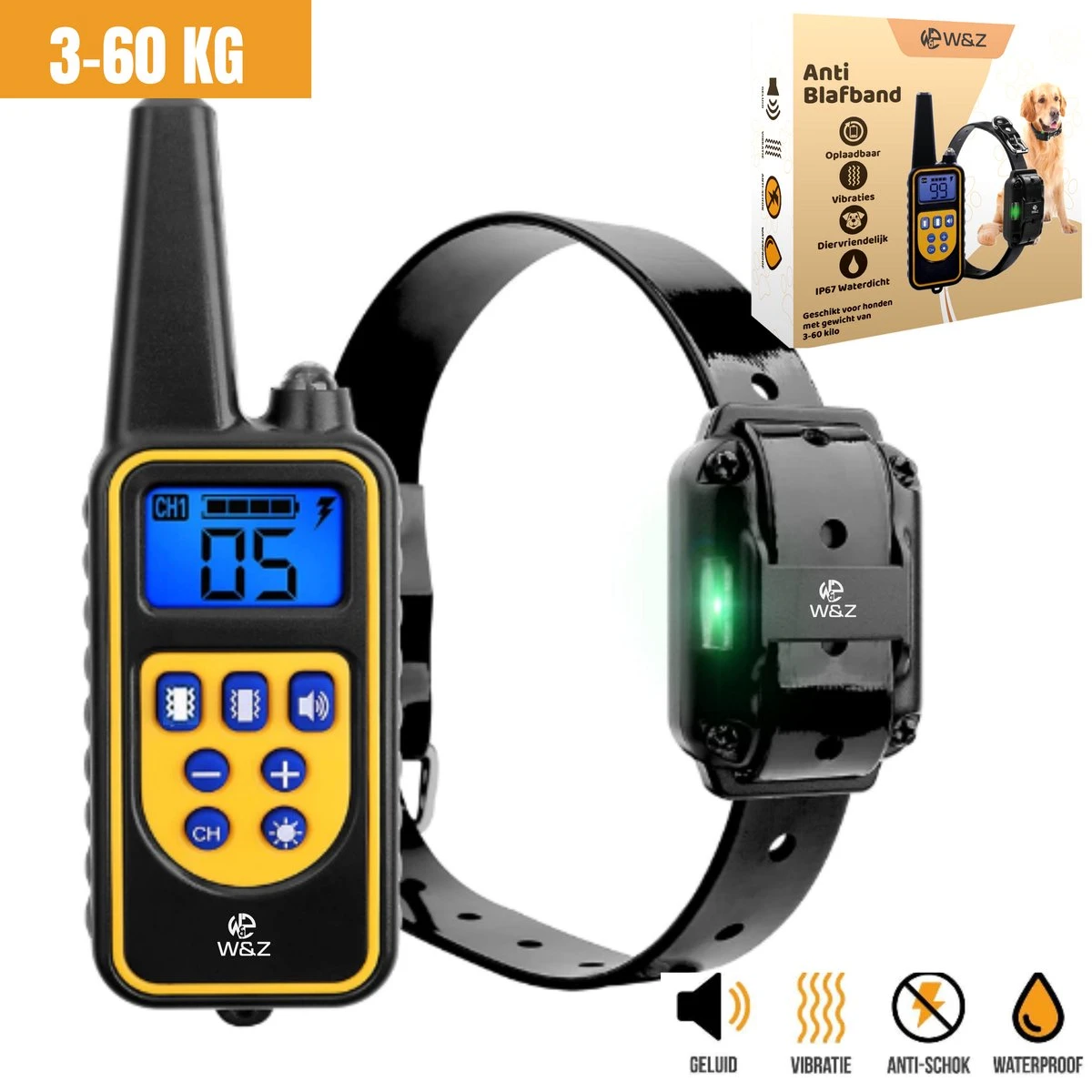 W&Z® Anti Blafband Inclusief Afstandsbediening- 3-60KG - Diervriendelijk - Zonder Schok - Vibratie/Audio/Licht - Anti Blaf Band - Water Bestendig 1 W&Z® Anti Blafband Inclusief Afstandsbediening- 3-60KG - Diervriendelijk - Zonder Schok - Vibratie/Audio/Licht - Anti Blaf Band - Water Bestendig
