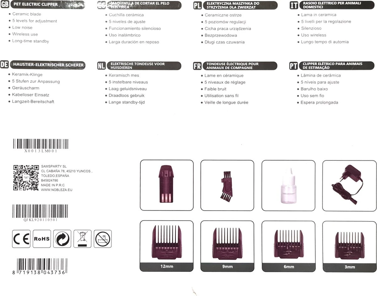 Nobleza Dieren Tondeuse Set - 4 Opzetkammen - Draadloos - Voor Huisdieren Katten & Honden 8 Nobleza Dieren Tondeuse Set - 4 Opzetkammen - Draadloos - Voor Huisdieren Katten & Honden - Afbeelding 8