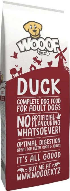 WOOOF Eend 18KG - Geperst Hondenvoer - Hypoallergeen Hondenvoer - Geperste Hondenbrokken - Droogvoer -Honden Huis Winkel 443x1200 1